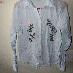 Cath Kidston White Button-Down Shirt with Blue and Pink Bird Embroidery